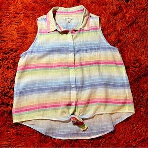 Women’s Beach Lunch Lounge Sleeveless Button Up Top sz L Linen Blend Colorful